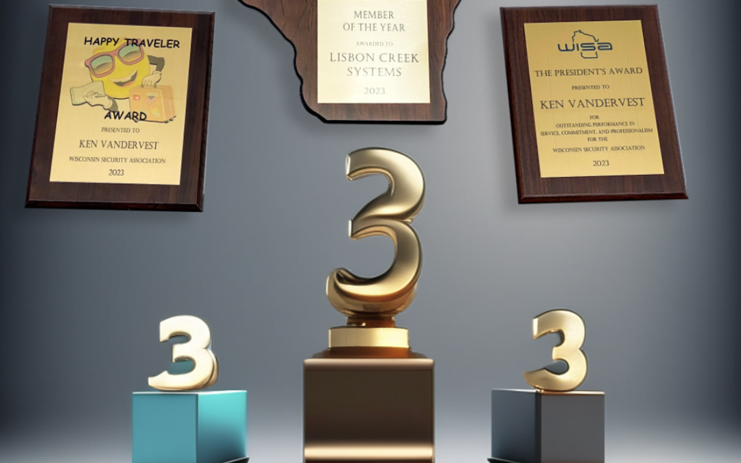 Picture showing the 3 awards (Happy traveler Award, President Award and Member of the year Award) that Lisbon Creek Systems received in 2023